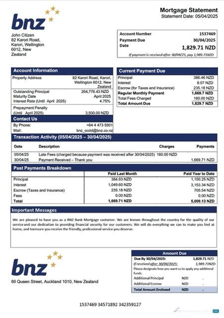 Download New Zealand BNZ Bank mortgage statement Word and PDF template Photoshop template